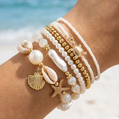 Sea Turtle, Starfish and Cowrie Shell Layered Pearl Bracelet