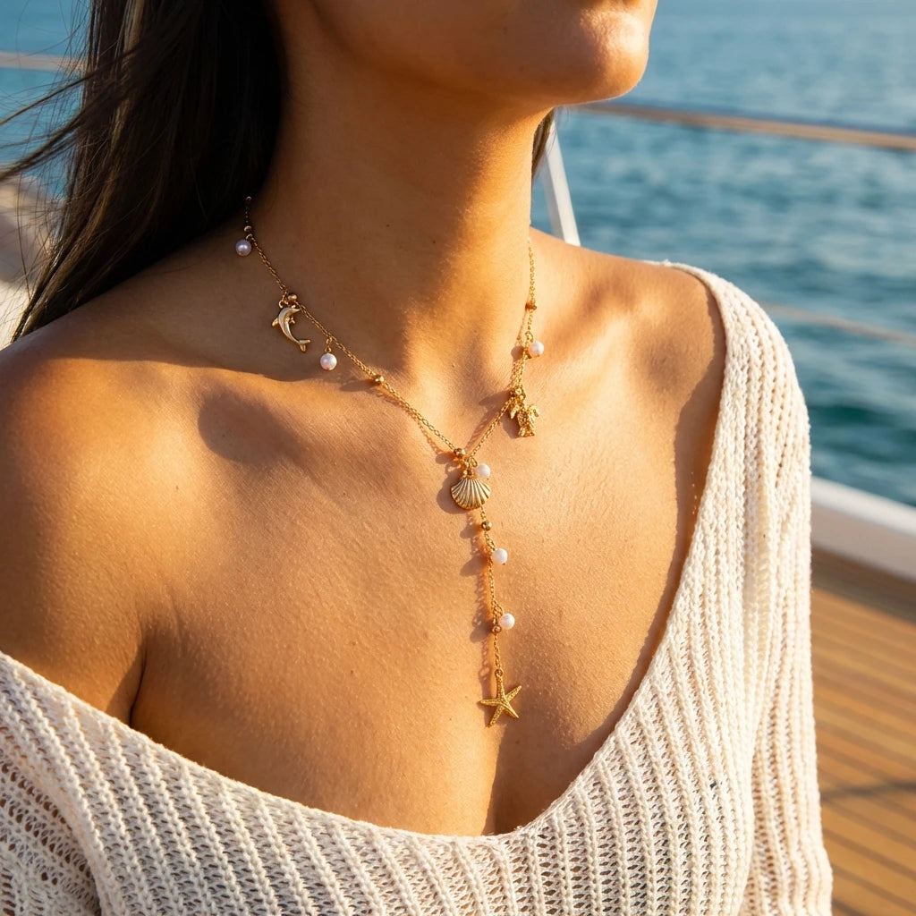 Boho Beach Style Long Y Drop Chain Necklace For Women Cute Sea Turtle Dolphin Starfish Shell Pendant Choker Summer Party Jewelry