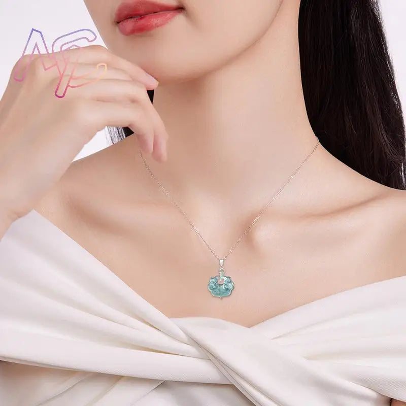 Blue Myanmar Jadeite Ruyi Pendant Necklace Burmese Jade Natural Gemstone Lucky Luxury Carved Amulet Fashion Accessories