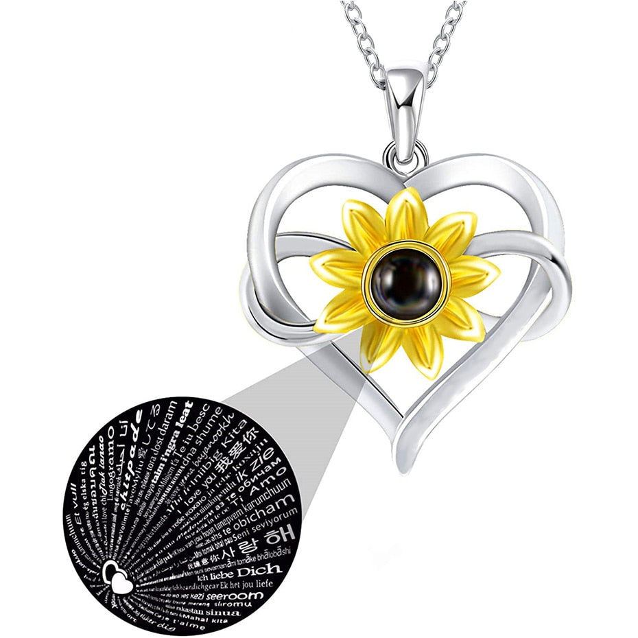 Rose Valley Sunflower Pendant Necklace for Women Letter Rings Fashion Jewelry Set One Hundred Language &quot;I Love You&quot; Girls Gifts - Charlie Dolly