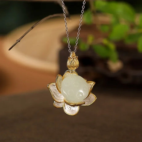 Natural Hotan Jade Lotus Flower Jewelry Set, Necklace Ring Bracelet Hairpin Boutique