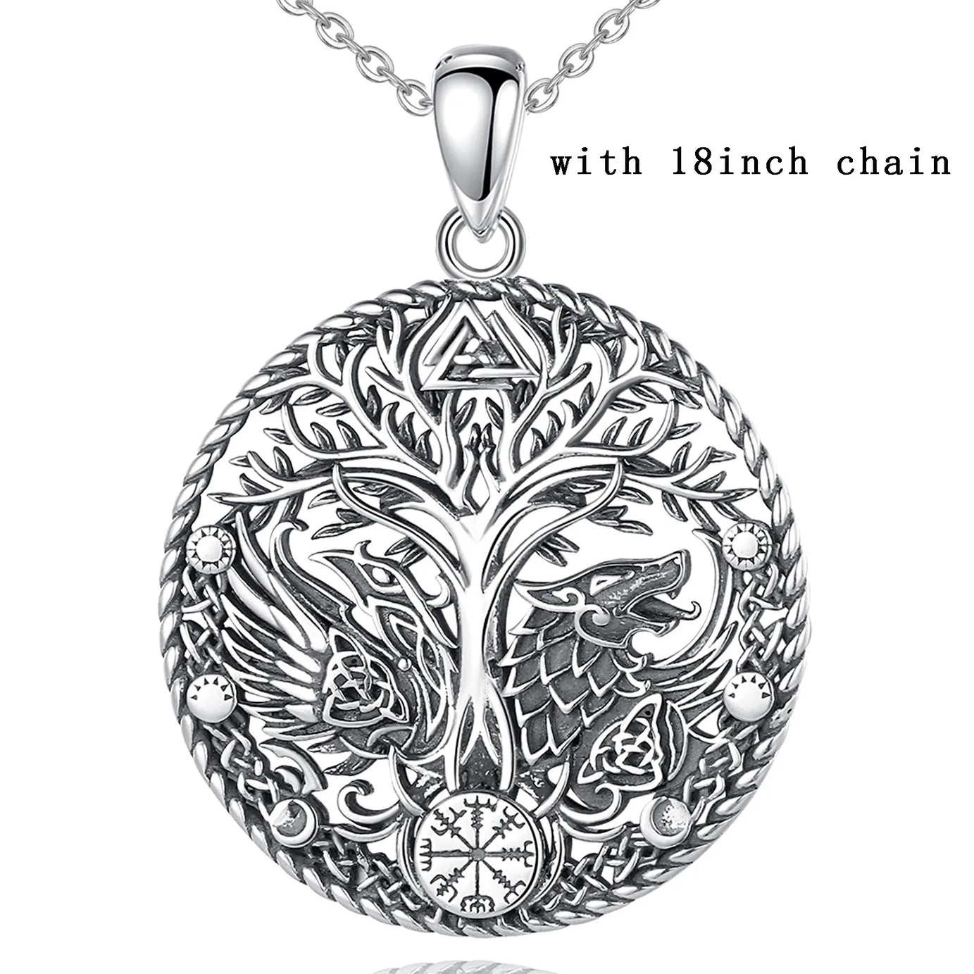 S925 Sterling Silver Viking Raven Wolf Pendant Necklace, Celtic Knot Tree of Life Compass Amulet