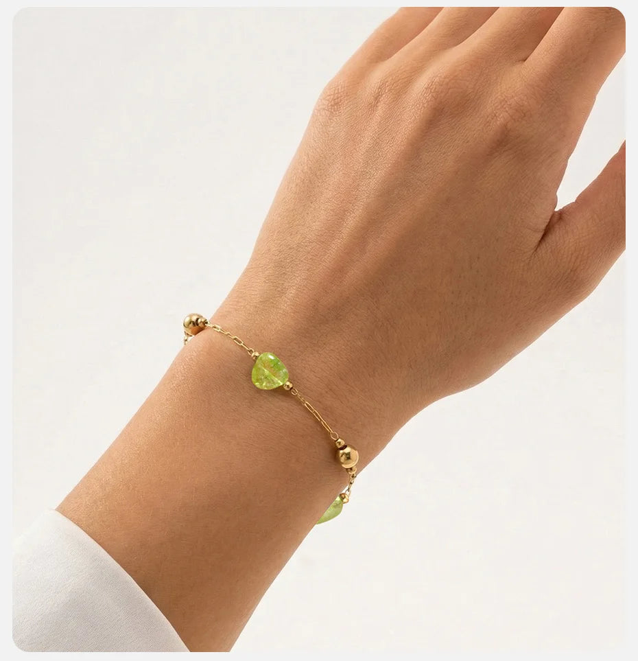 Vnox Stainless Steel Natural Green Stones Spacer Bead Thin Chain Bracelet Summer Boho Seaside Vacation Choker Bracelet Jewelry