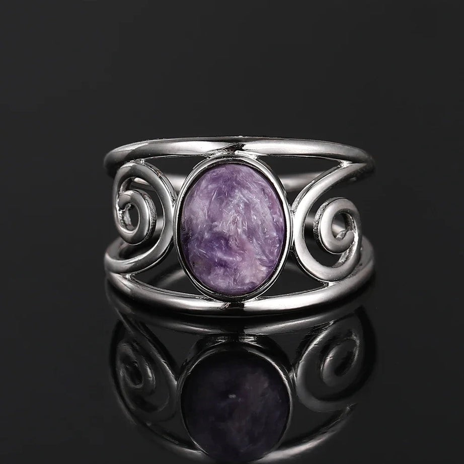 Vintage Spiral Swirl Ring Oval Natural Stone Inlay Open Band Minimalist Boho Statement Ring for Women Fashion Jewelry Wholesale - Charlie Dolly