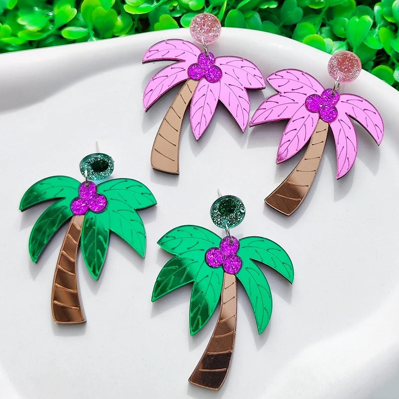 KUGUYS Tropical Acrylic Coconut Earrings Mirror Palm Tree Drops Summer Beach Jewelry Boho Women's Fashion Accessorie