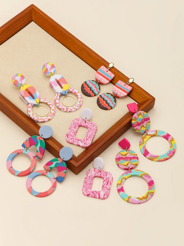 Women's Matte Lightweight Polymer Clay Statement Earrings Geometric Colorful Drops Boho Summer Vacation Party Gift Retro Style