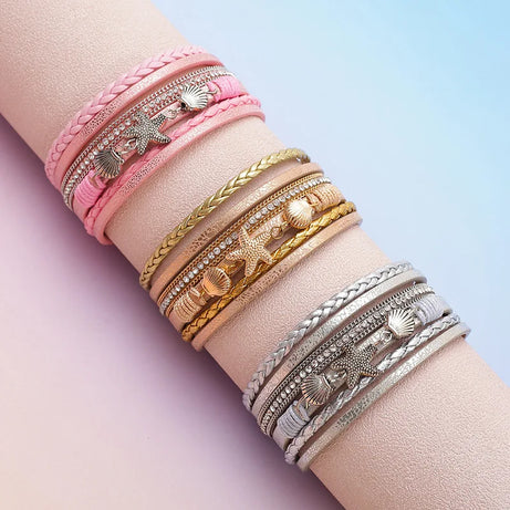 Starfish Shell Braided Leather Cuff Bracelet