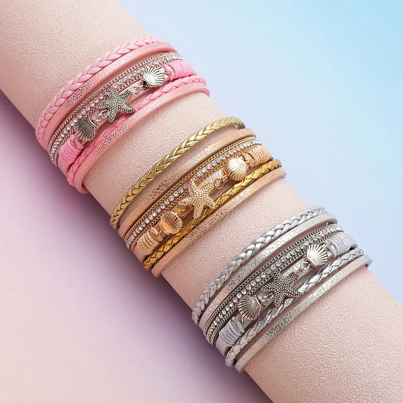 Boho Starfish Sea Shell Charm Multi-Layer Leather Bracelet Rhinestone Braided Wide Cuff Jewelry for Women Hand Jewelry Accessory