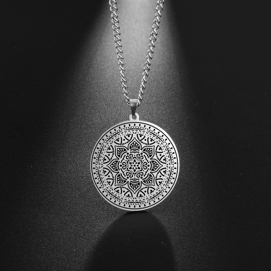 Lotus Chakra Mandala Pendant Necklace, Stainless Steel Buddhist Hindu Meditation Amulet