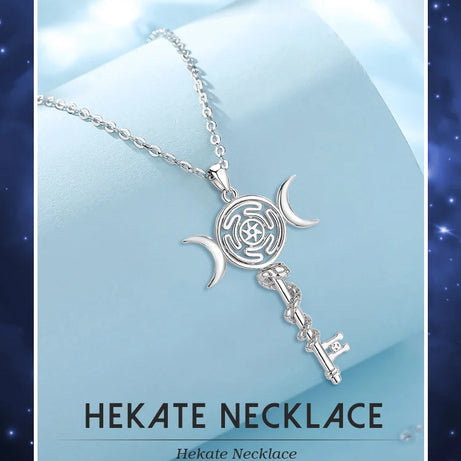 Sterling Silver 925 Hekate Wheel Triple Moon Goddess Necklace, Snake Key Witch Amulet