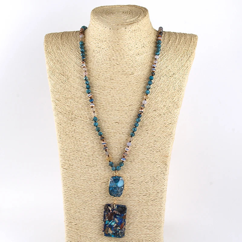 RH Fashion Bohemian Jewelry Natural Stones Crystal Stone Knotted Semi Precious Stone Boho Multi Pendant Necklace Women Gift