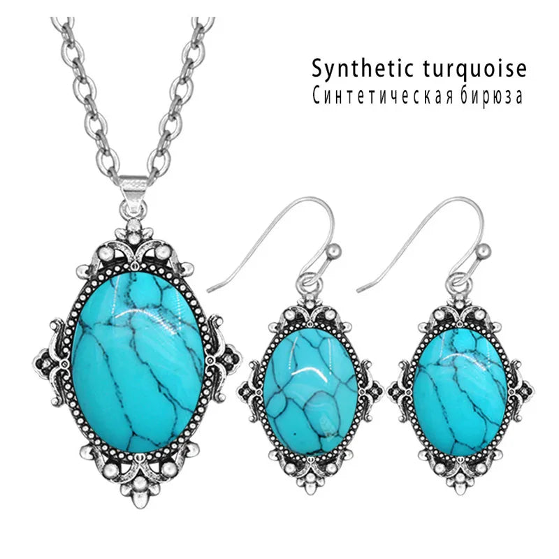 Vintage Look Natural Stone Lapis Lazuli Jewelry Sets Solid Silver Plated Necklace Earrings Flower Fashion Jewelry