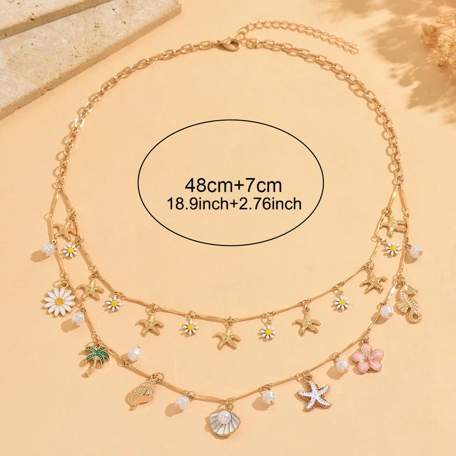 Daisy Starfish Pearl Double Layer Necklace Jewelry