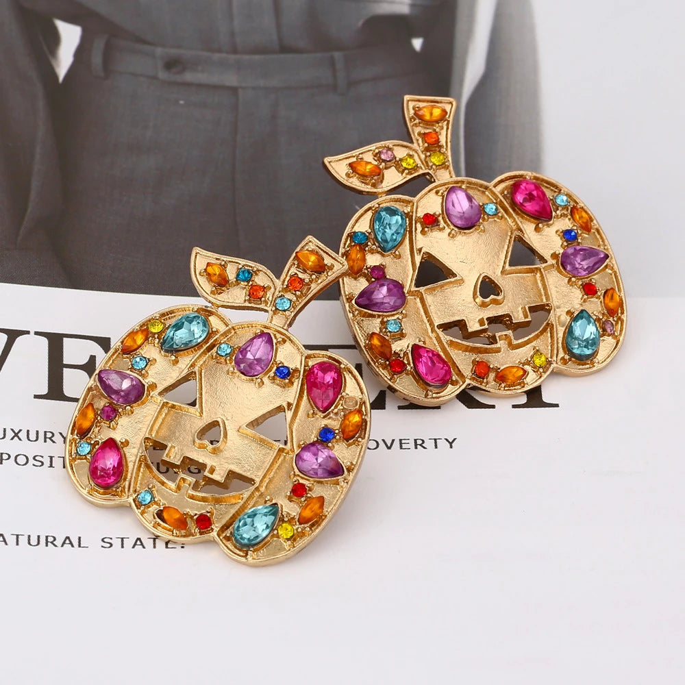 Exaggerated Colored Rhinestone Pumpkin Earrings Personality Creativity Retro Halloween Female Earrings - Charlie Dolly