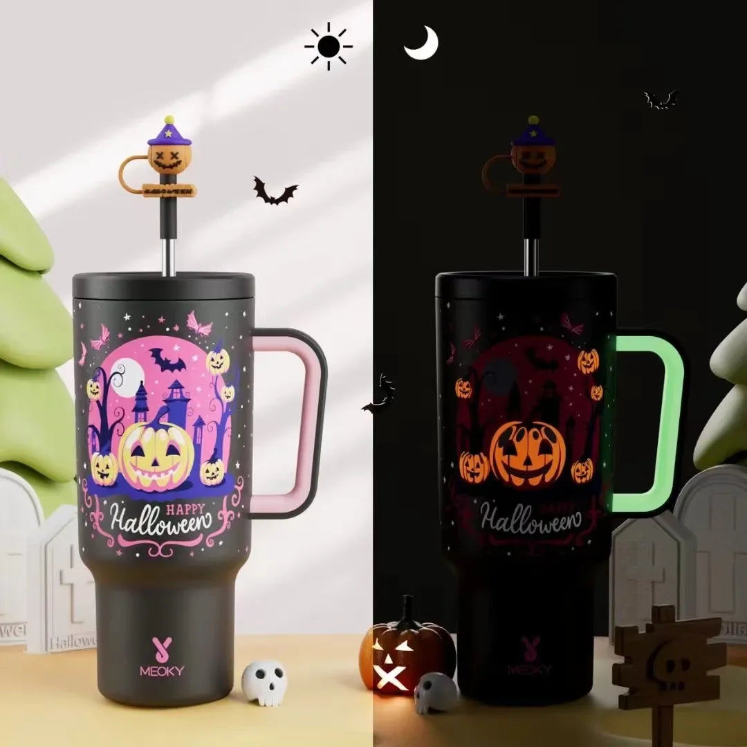 Meoky 40oz Tumbler Handle with Straw Cute Stopper Stainless Steel Insulation Coffee Cup Luminous Vacuum Car Mug Halloween Gifts - Charlie Dolly