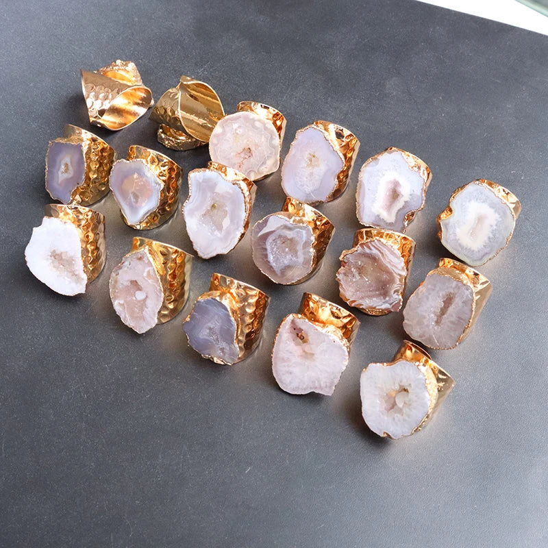 Irregular Natural Geode Stone Rings Agate Slices Wide Open Ring for Women Men Boho Resizable Finger Jewelry