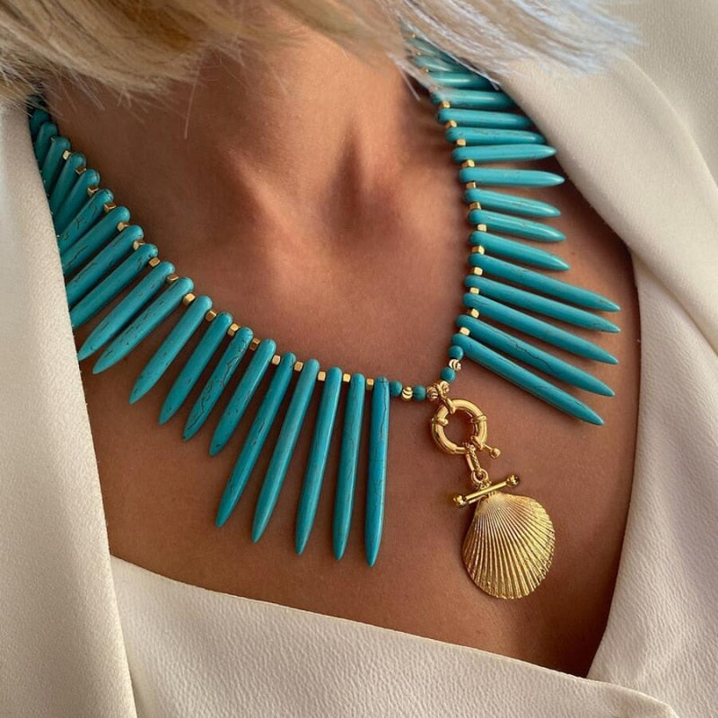 Turquoises Man Women Vintage Glamour Embellishment Necklace Multi-color Irregular Shell Beaded Collar Fashion Avant-garde - Charlie Dolly