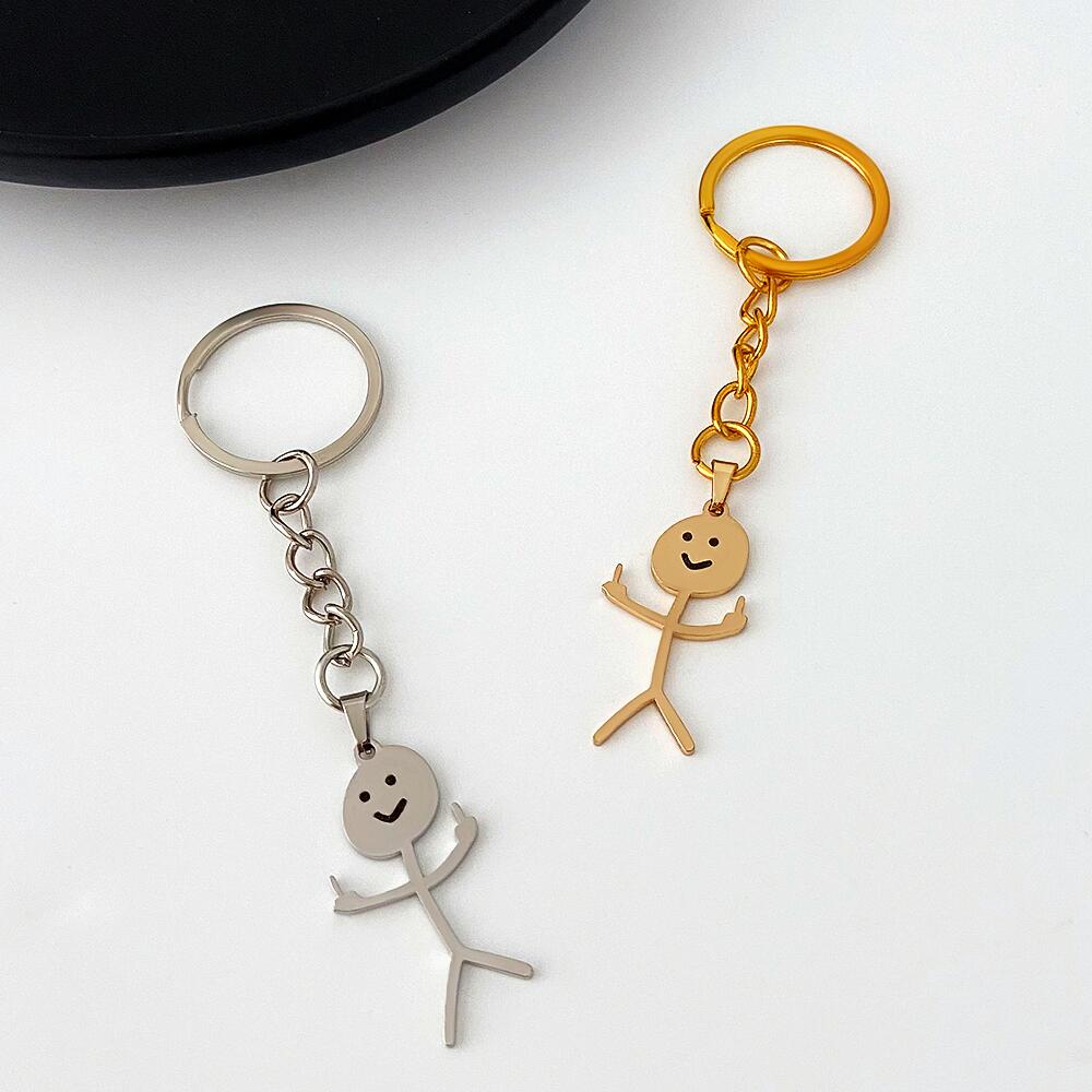 Funny Middle Finger Stickman Keychain Cute Titanium Steel School Bag Car Key Pendant Couple Trinket Gift Keyrings - Charlie Dolly