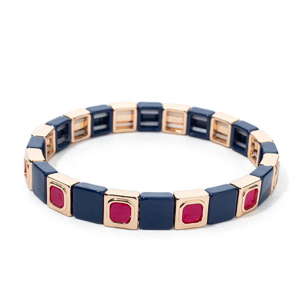 2023 New Design 8x8mm Inlaid Nature Stone Bracelets For Women Gold Color Boho Elastic Bangle Handmade Inlaid Diamond Jewelry