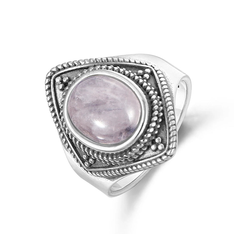 Natural Rose Quartz Oval Gemstone Ring - Vintage Boho Silver Plated Handmade Jewelry for Women Gift Party & Daily Wear - Charlie Dolly