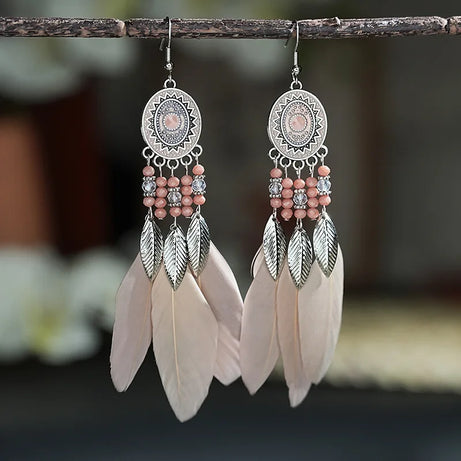 Feather Leaf Crystal Bead Long Earrings Jewelry