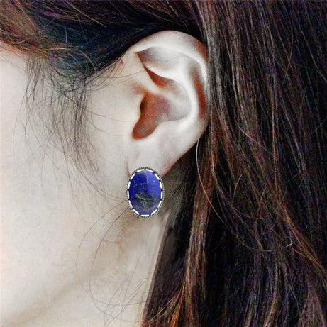 Oval Natural Lapis Lazuli Tiger Eye Pink Quartz Jades Blue Sequins Earrings Antique Sliver Plated  Fashion Jewelry For Women - Charlie Dolly