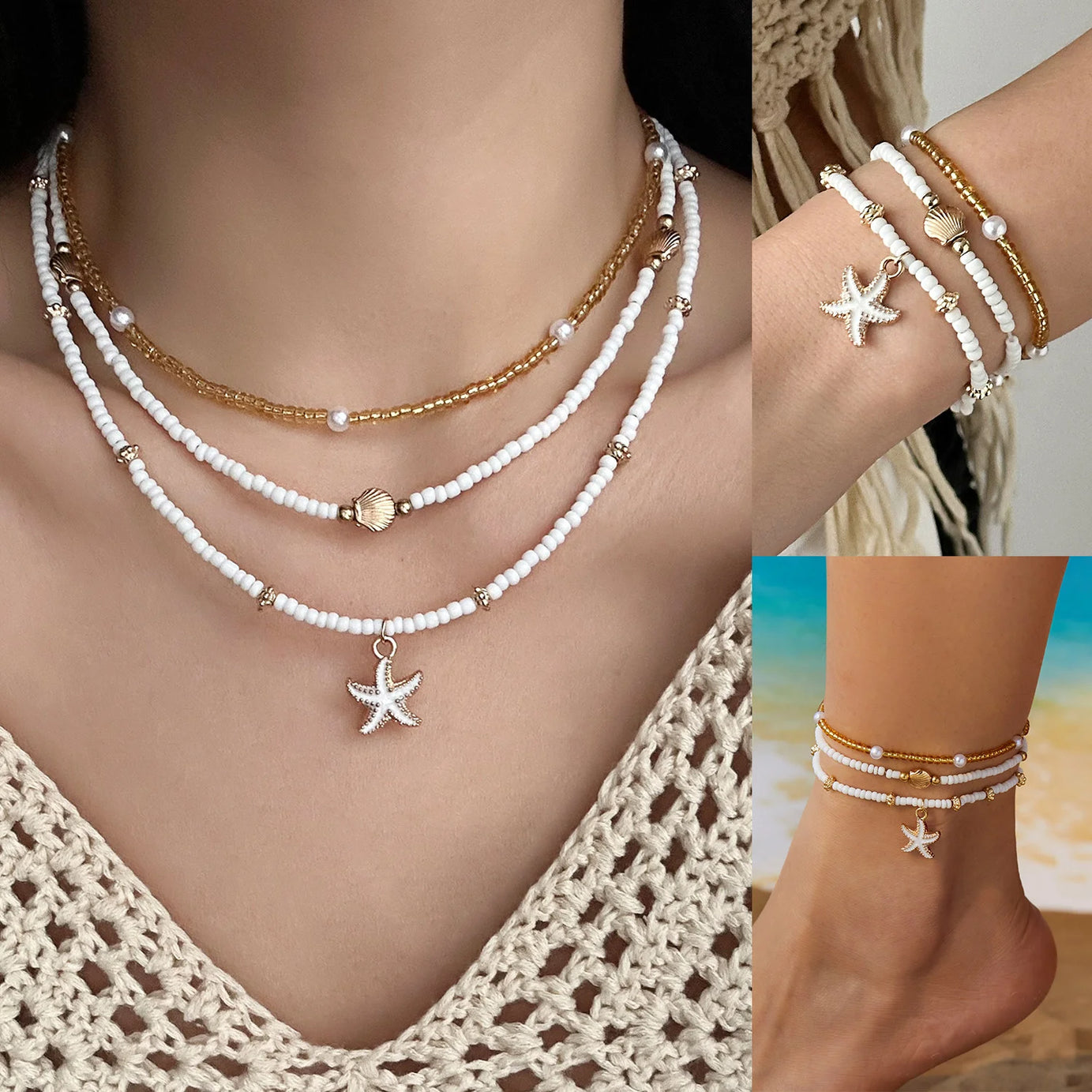 Gold Shell and Starfish Boho Necklace, Bracelet and Anklet Set