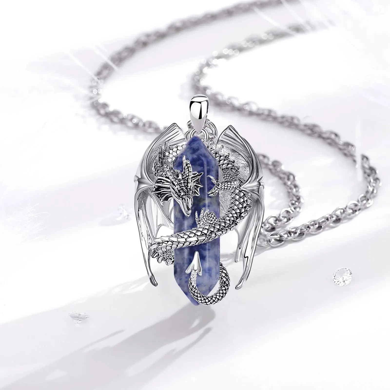 Eudora Dragon Wrapped Dumortierite Hexagonal Crystal Necklace Healing Stone Pendant Spiritual Amulet Jewelry Gift for Women Men
