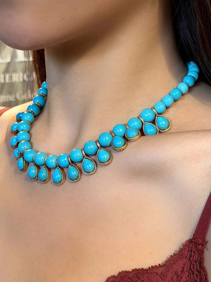 Bohemia Blue Natural Stone Water Drop Beads Chain Choker Necklace Vintage Jewelry for Woman Retro New in Boho Luxury Accessories