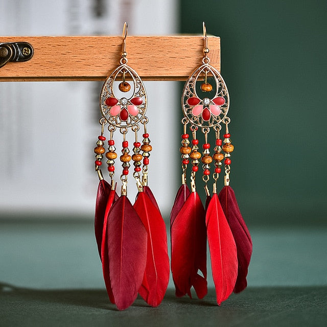 Fashion Earrings Bohemian Ethnic Style Leaf Earrings Jewelry Retro Long Tassel Colorful Feather Earrings Jewelry Gift - Charlie Dolly