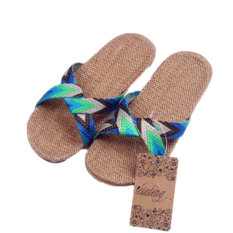 2020 Fashion Flax Home Slippers Indoor Floor Shoes Cross Belt Silent Sweat Slippers For Summer Women Sandals - Charlie Dolly