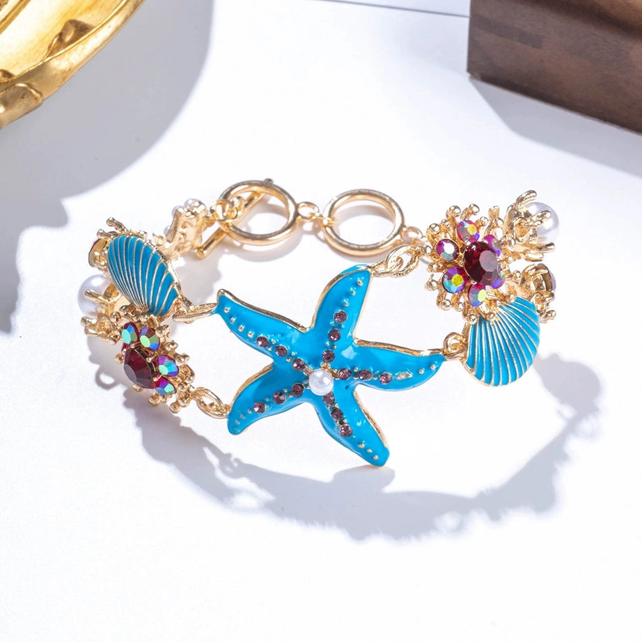 Starfish Shell Crystal and Pearl Boho Bangle Bracelet