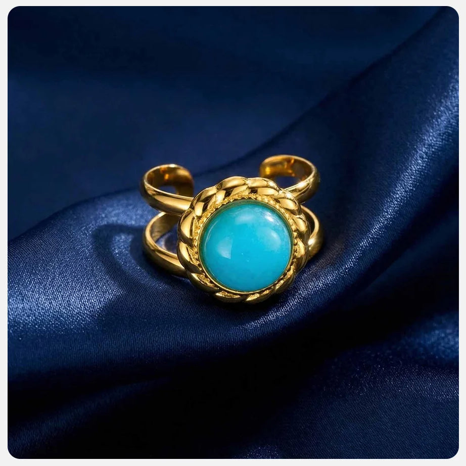 Vnox Vintage Blue Turquoise Gold Color Opening Rings for Women, Natural Stone Stainless Steel Finger Boho Ring Jewelry No Fade - Charlie Dolly