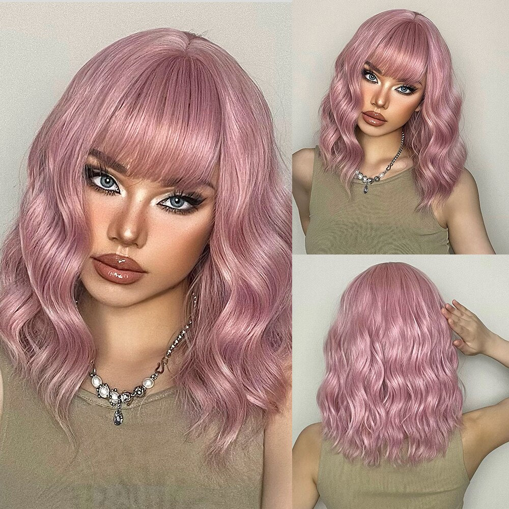 Medium Length Water Wave Synthetic Wigs Cute Pink Wigs With Bangs for Women Cosplay Natural Heat Resistant Bob Lolita Hair - Charlie Dolly