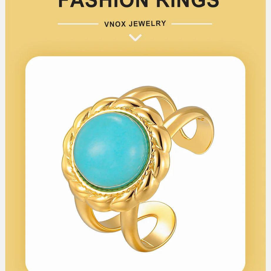 Vnox Vintage Blue Turquoise Gold Color Opening Rings for Women, Natural Stone Stainless Steel Finger Boho Ring Jewelry No Fade - Charlie Dolly