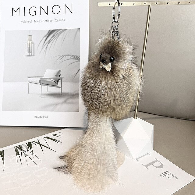 Cute Fluffy Bow-knot Fox Ball Key Chain Rings Pompom Real Fox Fur Charm Keychain Car Bag Key Ring Women Jewelry - Charlie Dolly