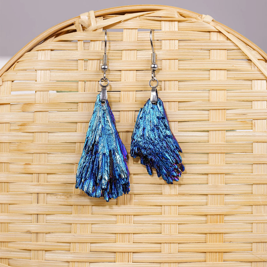 Aura Blue Tourmaline Feather Drop Earrings, Healing Crystal Chakra Boho Jewelry