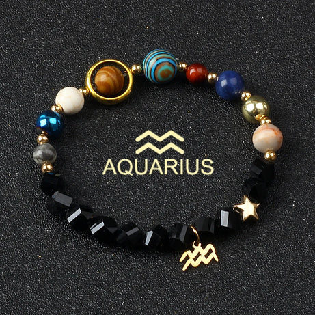 Eight Planets & Twelve Zodiac Beaded Bracelet, Natural Stone Cosmic Astrology Talisman