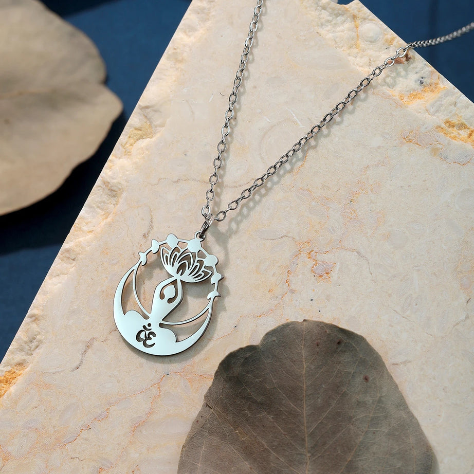Om Buddha Lotus & Crescent Moon Amulet Necklace, Sacred Yogic Talisman