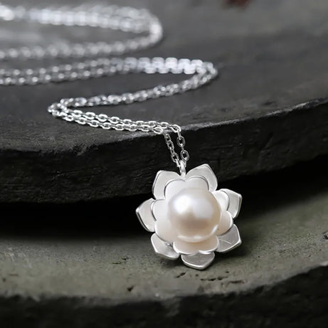 White Lotus Shell Pearl Pendant, Ocean Bloom Spiritual Talisman