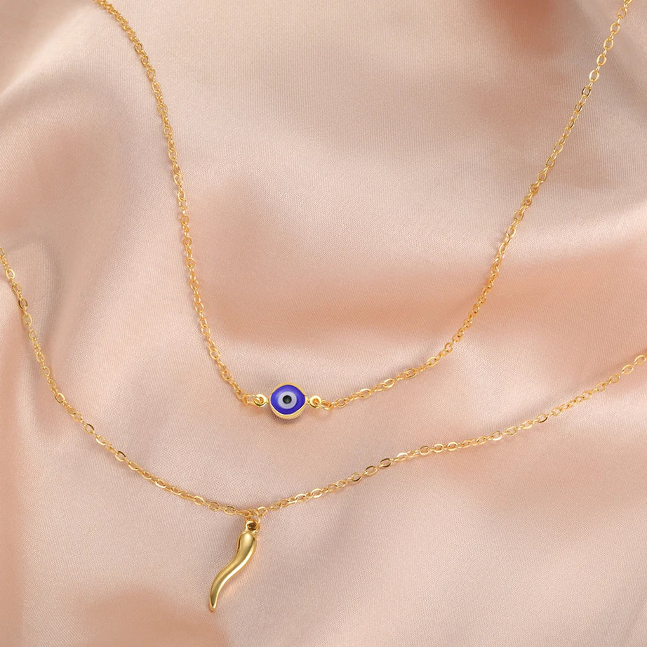 Italian Horn & Evil Eye Double Layer Necklace, Spiritual Protection Amulet