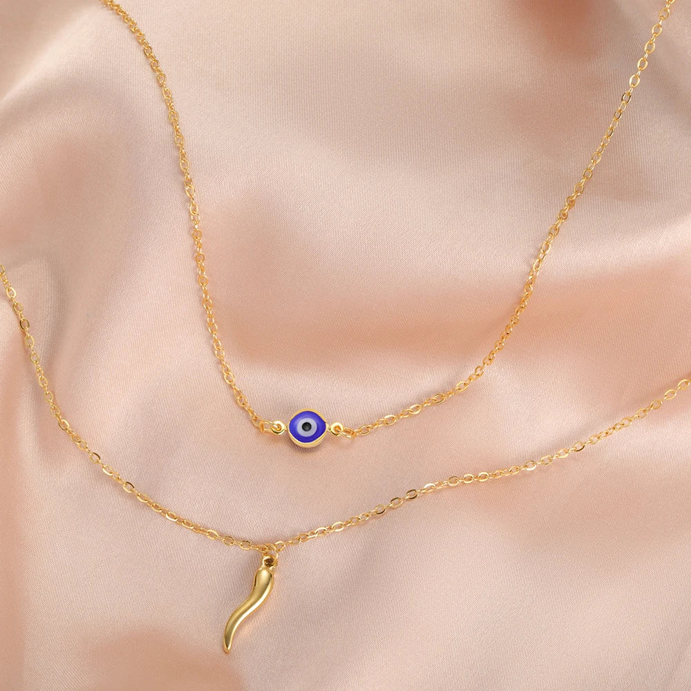 Dawapara Italian Horn and Blue Evil Eye Charm Necklace Double Layer Women Necklace Spiritual Protection Amulet Religious Jewelry