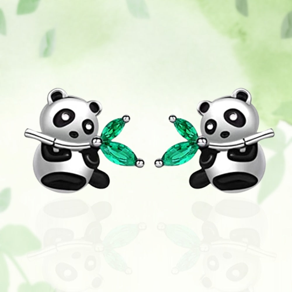 Cute Panda Bamboo Green Crystal Stud Earrings Fashion Women's Animal Earrings Exquisite Birthday Party Jewelry Lovely Girls Gift - Charlie Dolly