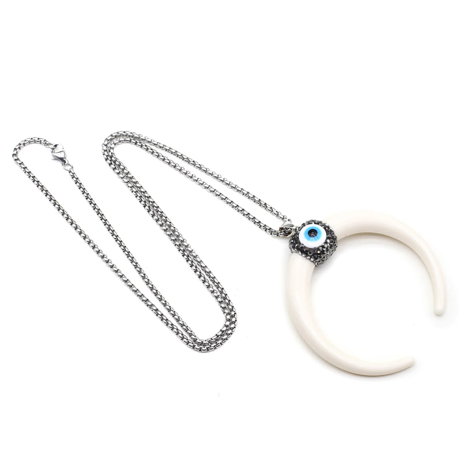 Natural Stone Horn Necklace Reiki Heal Turquoise Rhinestone Crescent Moon Pendant Stainless Steel Chain Boho Necklaces Jewelry - Charlie Dolly