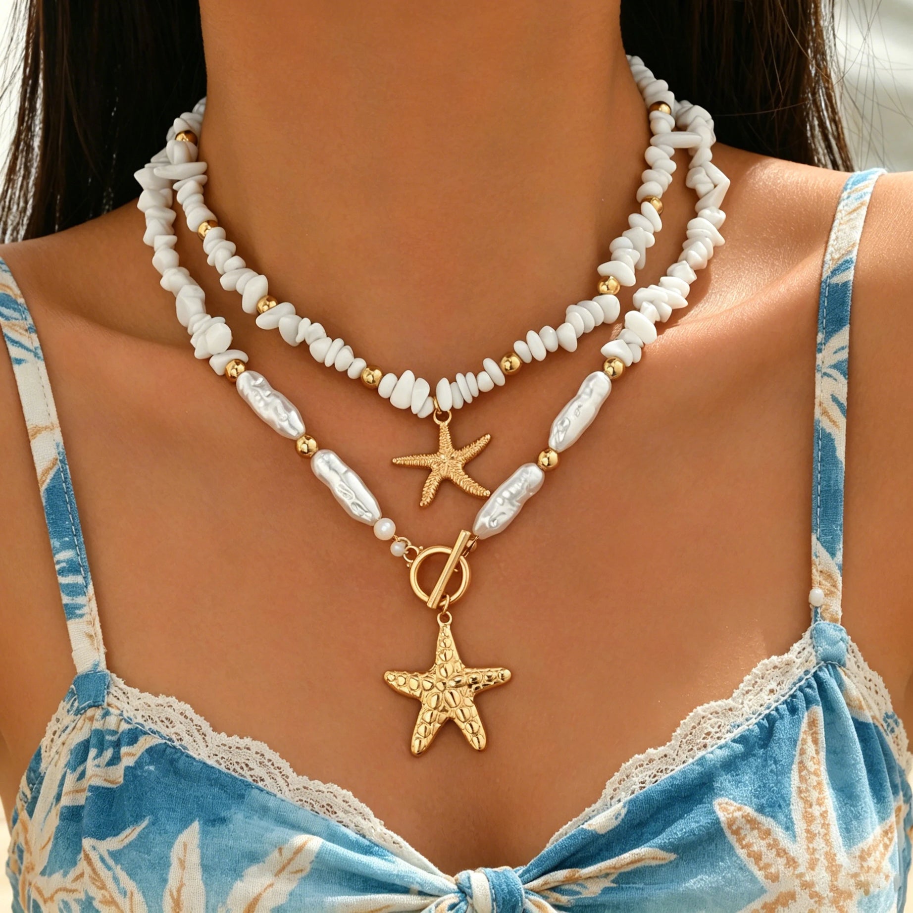 White Stone Chip Pearl Starfish Layered Set Jewelry