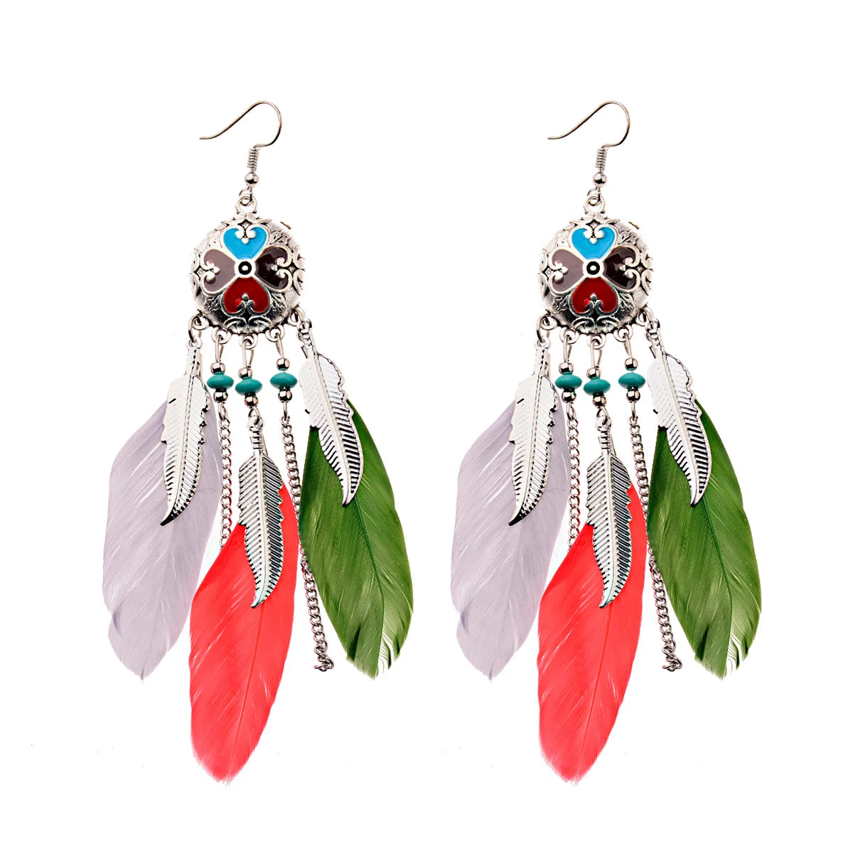 Round Retro Women's Dream Catcher Handmade Long Tassel Feather Earrings Female Leaves Pendant Earring Kolczyki Boho Jewelry