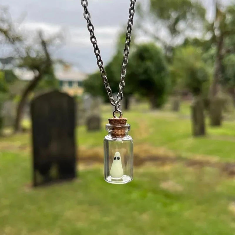 Ghost Necklace,The Adopt A Ghost Necklace,Glow-In-The-Dark Halloween Necklace,Tiny Ghost In A Bottle Pendant Necklace - Charlie Dolly