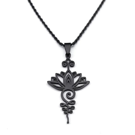 Artistic Lotus Flower Pendant Necklace, Stainless Steel Black Chakra Goth Talisman