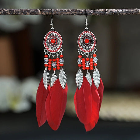 Feather Leaf Crystal Bead Long Earrings Jewelry