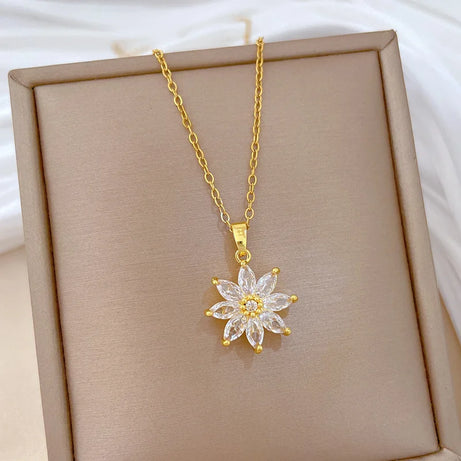 White Crystal Petal Lotus Flower Bud Pendant Necklace, Stainless Steel Waterproof Chain